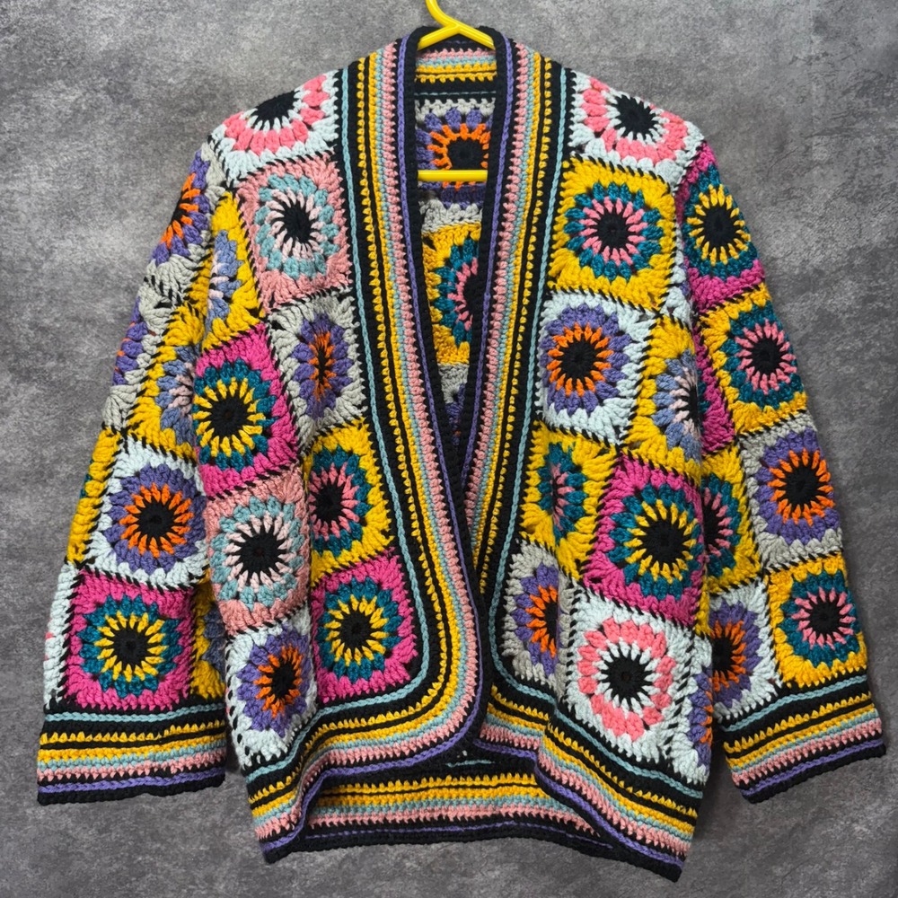 Handmade Crochet Granny Square Open Cardigan Sweater Rainbow Sunburst Size L